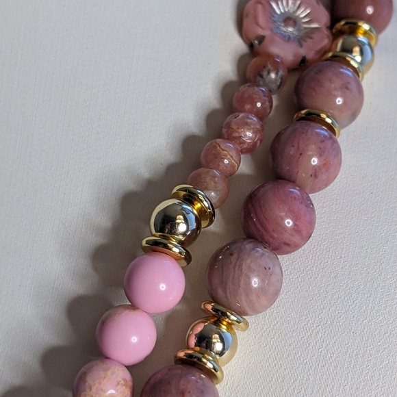Pink Rhodochrosite Pendant In Two Strand Rhodochrosite & Jasper Bead Necklace - Picture 6 of 9